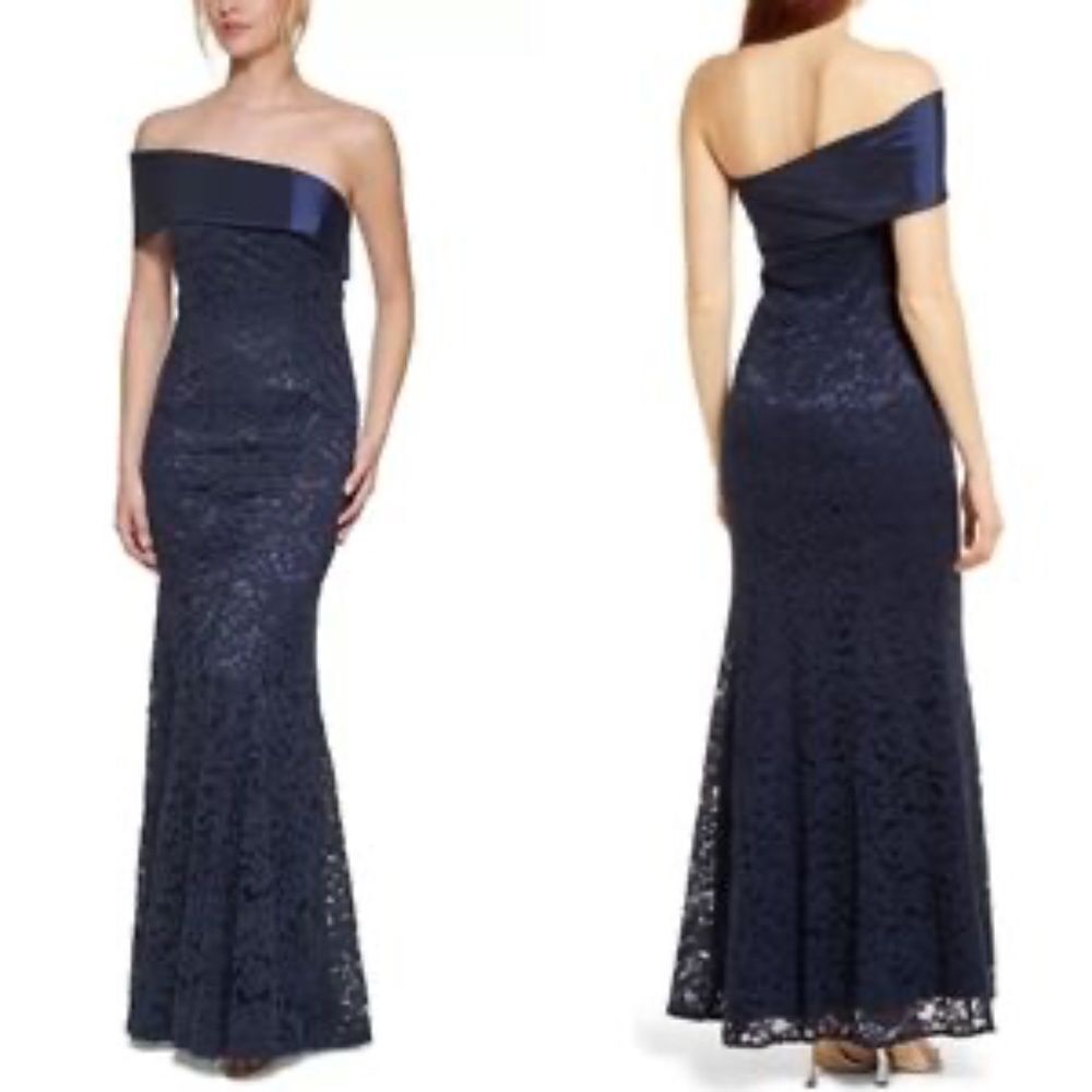 NWOT ELIZA J One Shoulder Satin Band Lace Overlay Mermaid Gown - size 14